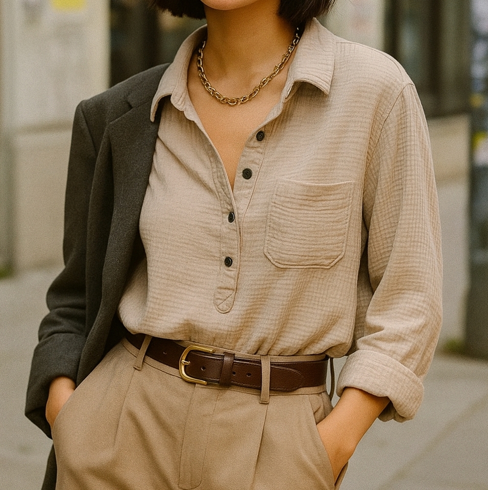 Textured Cotton Neutral Button Down Shirt